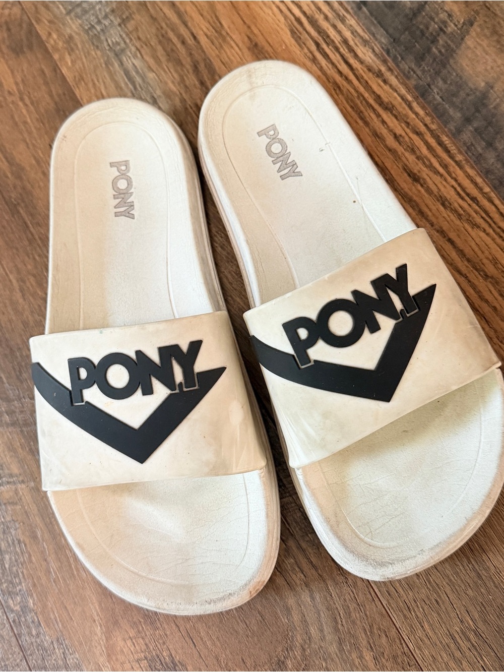 Pony Cream Slide Sandals flip flips with Black Logo women size 8 beach resort